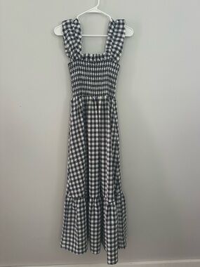 Navy & White Gingham Maxi Dress with Smocked Bodice